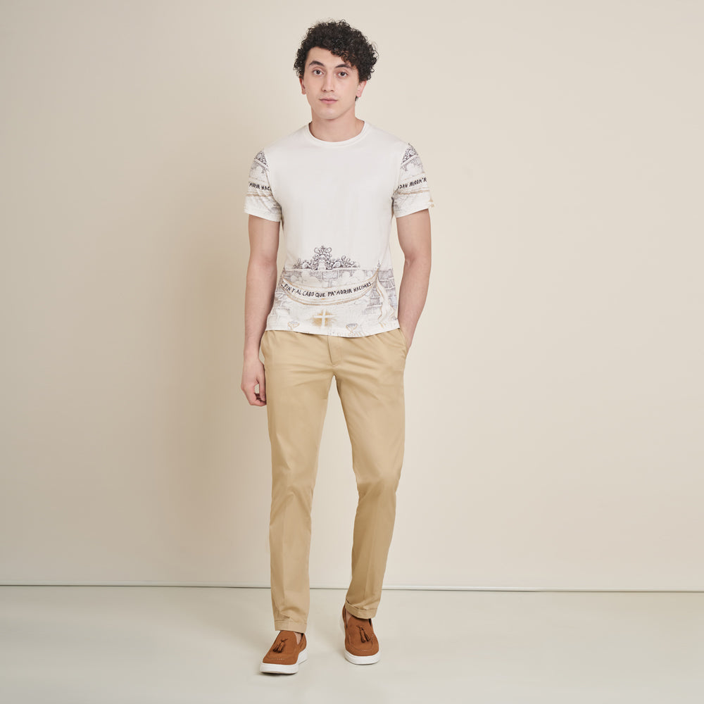 Celebracion – Off-White Round Neck Cotton Lycra T-Shirt