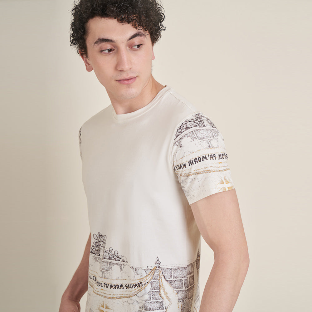 Celebracion – Off-White Round Neck Cotton Lycra T-Shirt