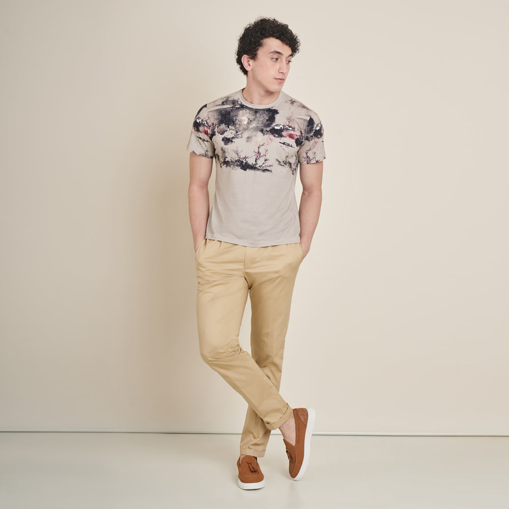 The Return – Beige Round Neck Cotton Lycra T-Shirt