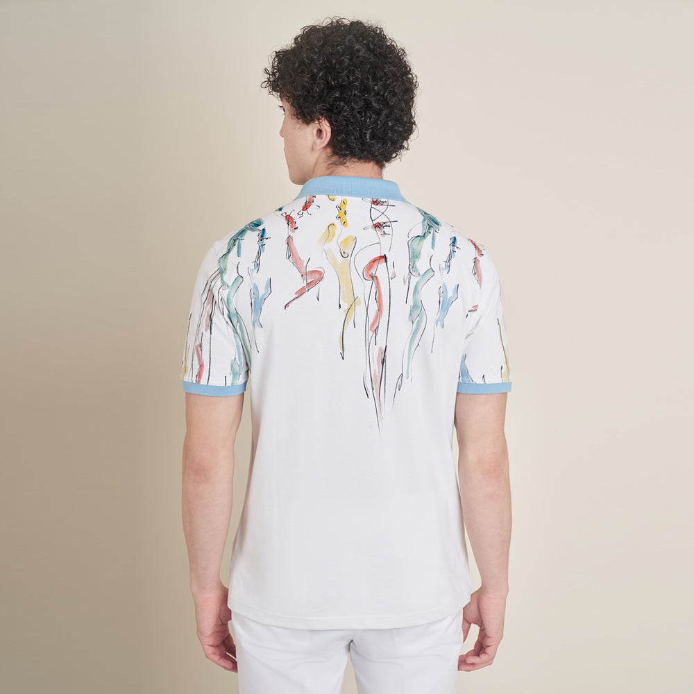 Friends Abstract Art – White Polo Neck Cotton Lycra T-Shirt