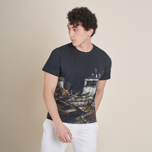 Abandoned Port – Black Round Neck Cotton Lycra T-Shirt