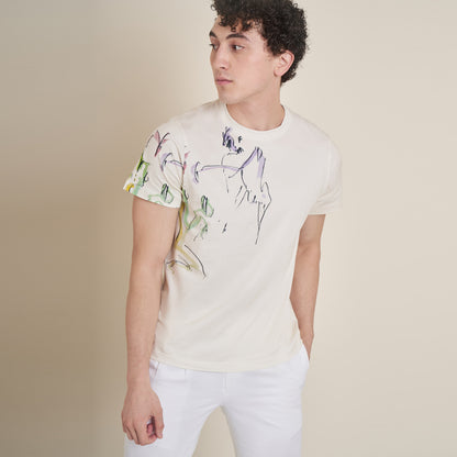 Warum – Off-White Round Neck Cotton Lycra T-Shirt