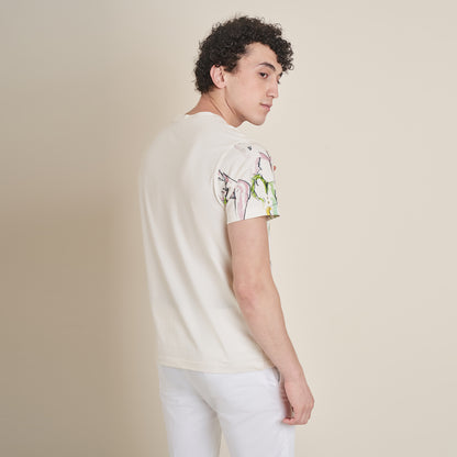 Warum – Off-White Round Neck Cotton Lycra T-Shirt