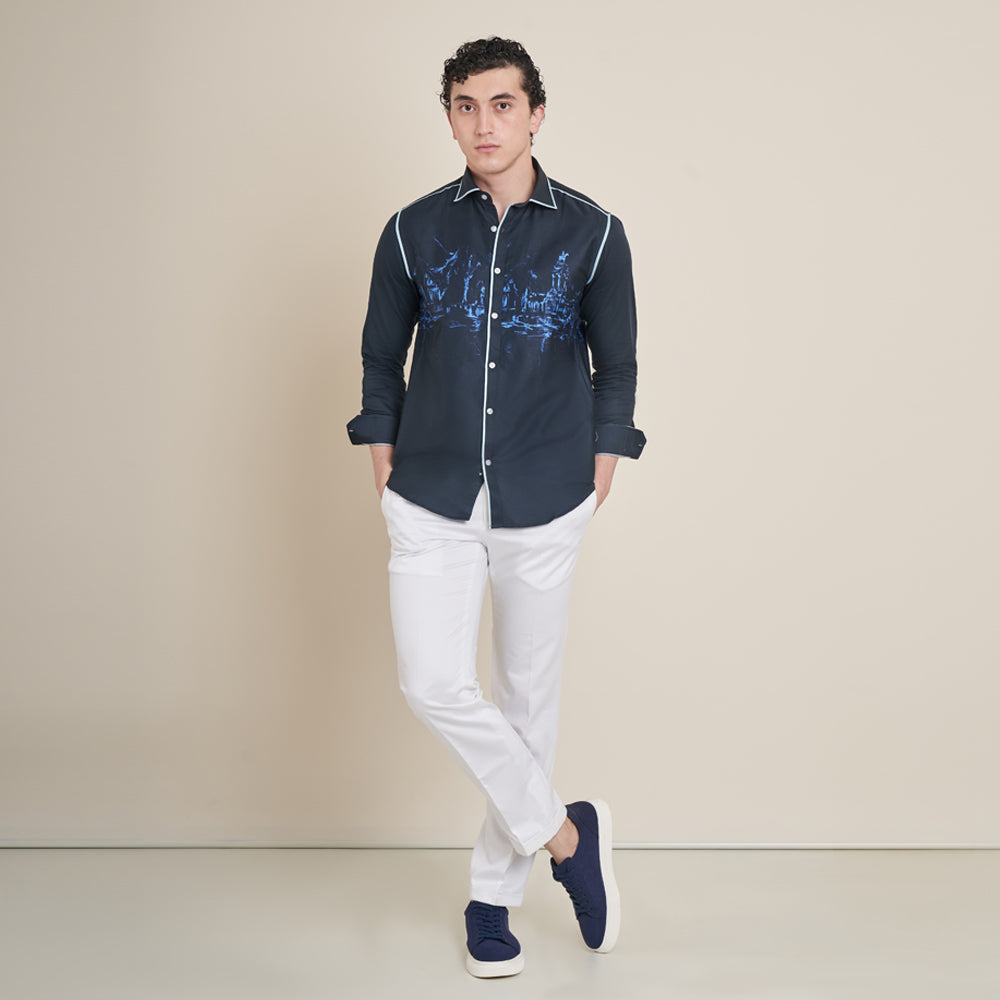 Retiro Pond – Navy Blue Cotton Satin Shirt