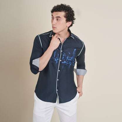 Retiro Pond – Navy Blue Cotton Satin Shirt