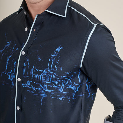 Retiro Pond – Navy Blue Cotton Satin Shirt