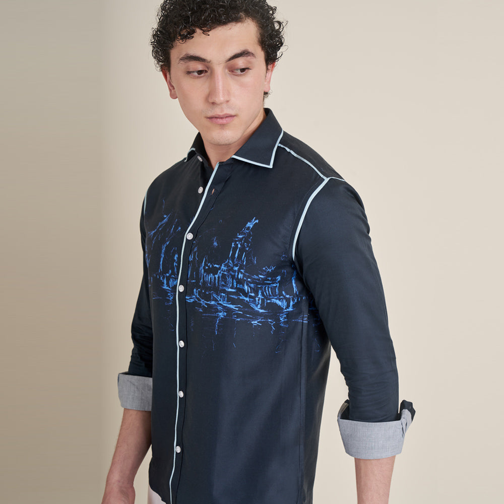 Retiro Pond – Navy Blue Cotton Satin Shirt