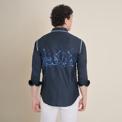 Retiro Pond – Navy Blue Cotton Satin Shirt