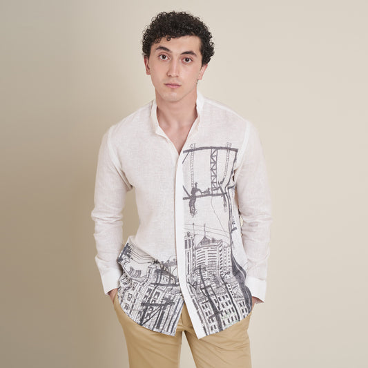 Electric Current – Off-White Chinese Collar Cotton Linen Shirt