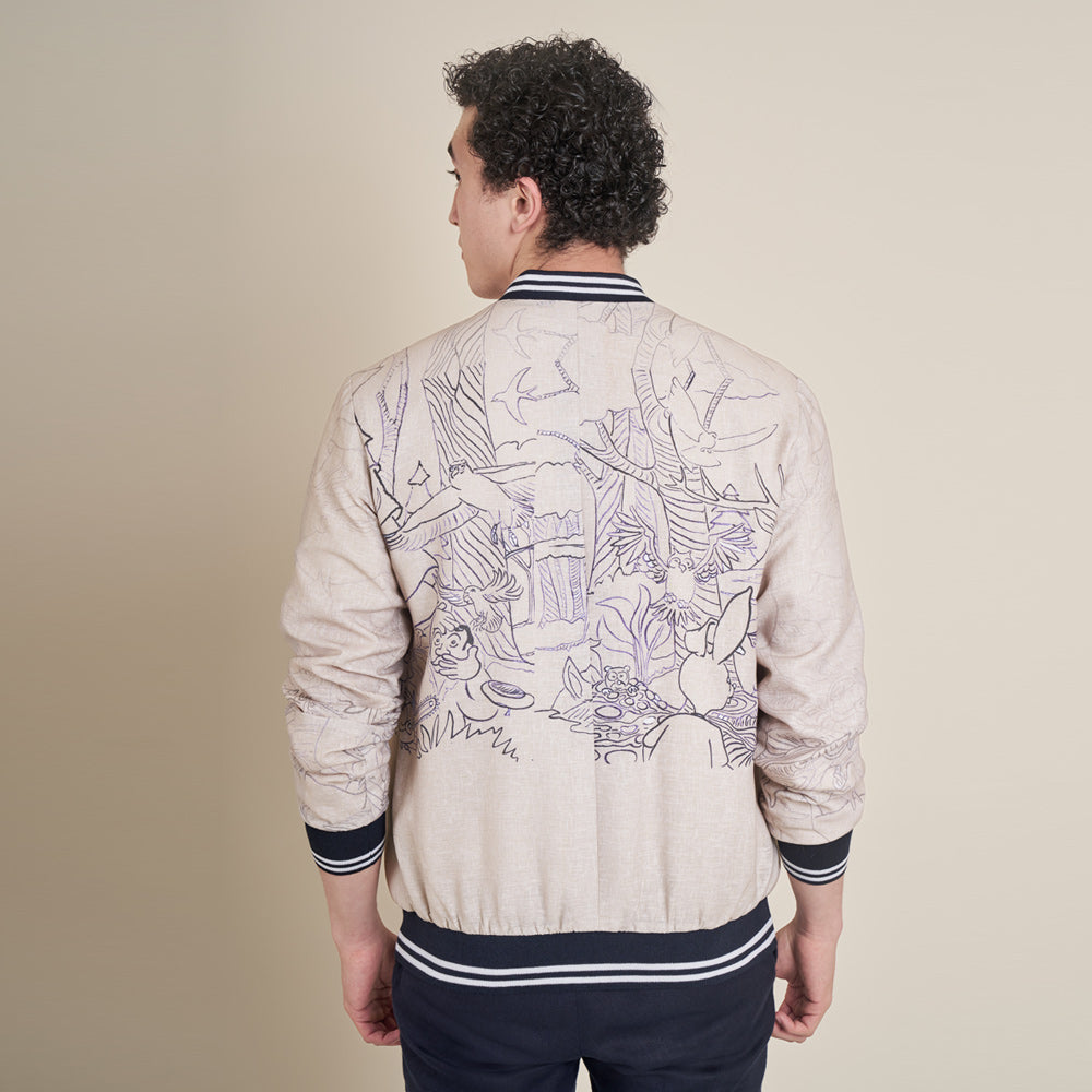 The Forest - Beige Cotton Linen Bomber Jacket