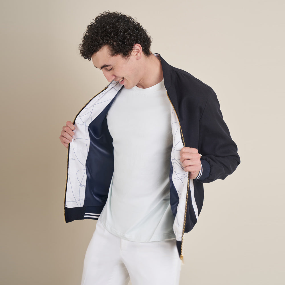 Equestrian – Navy Blue Cotton Linen Bomber Jacket