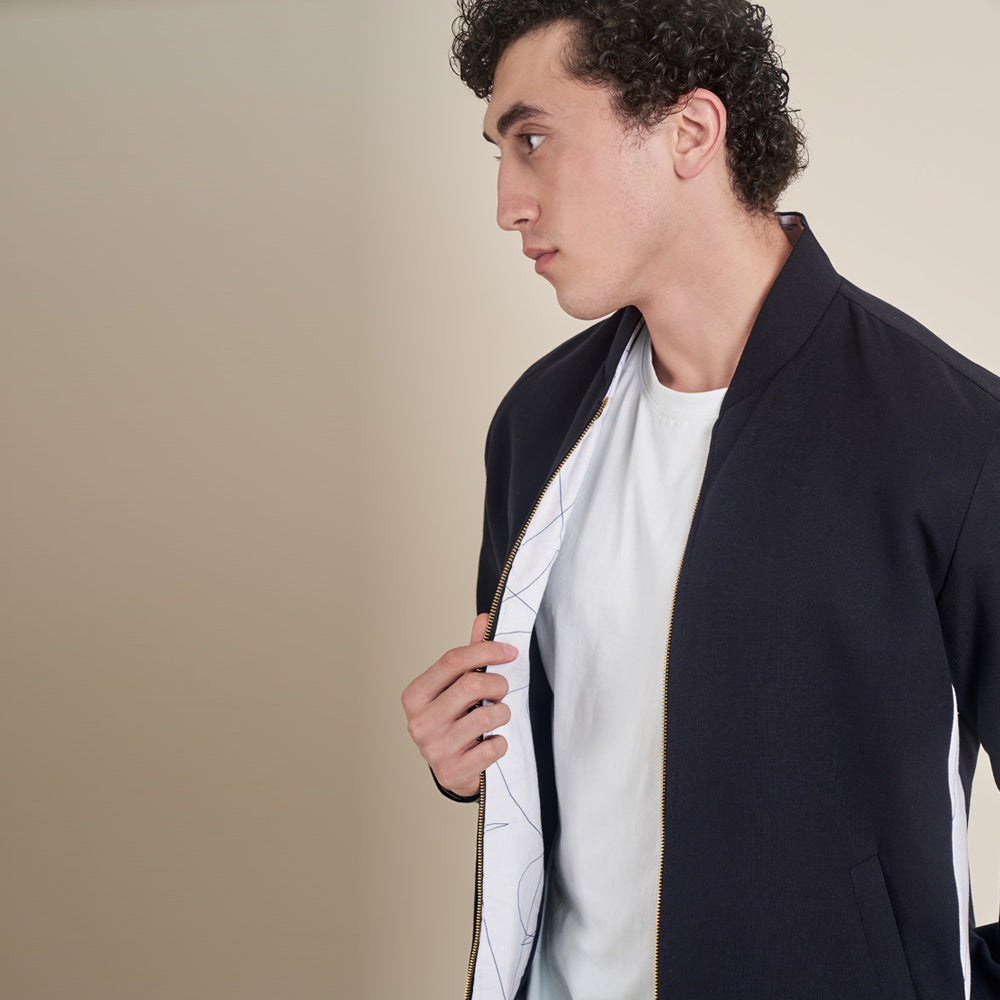 Equestrian – Navy Blue Cotton Linen Bomber Jacket