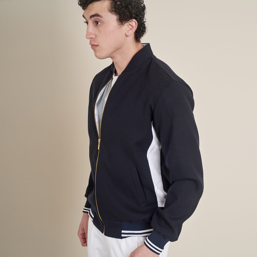 Equestrian – Navy Blue Cotton Linen Bomber Jacket