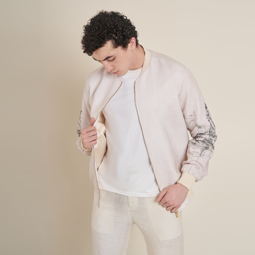 Retiro – Beige Cotton Linen Bomber Jacket