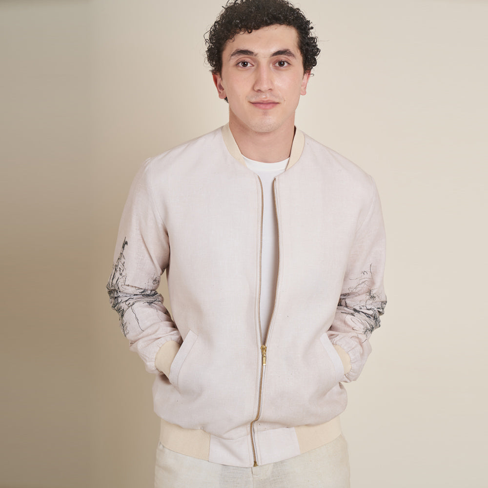 Retiro – Beige Cotton Linen Bomber Jacket