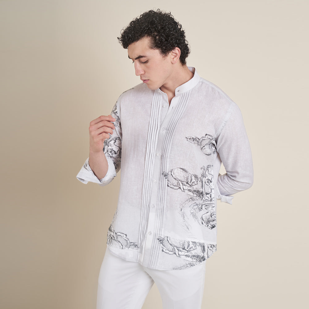 Fountain – Grey Chinese Collar Cotton Linen Shirt